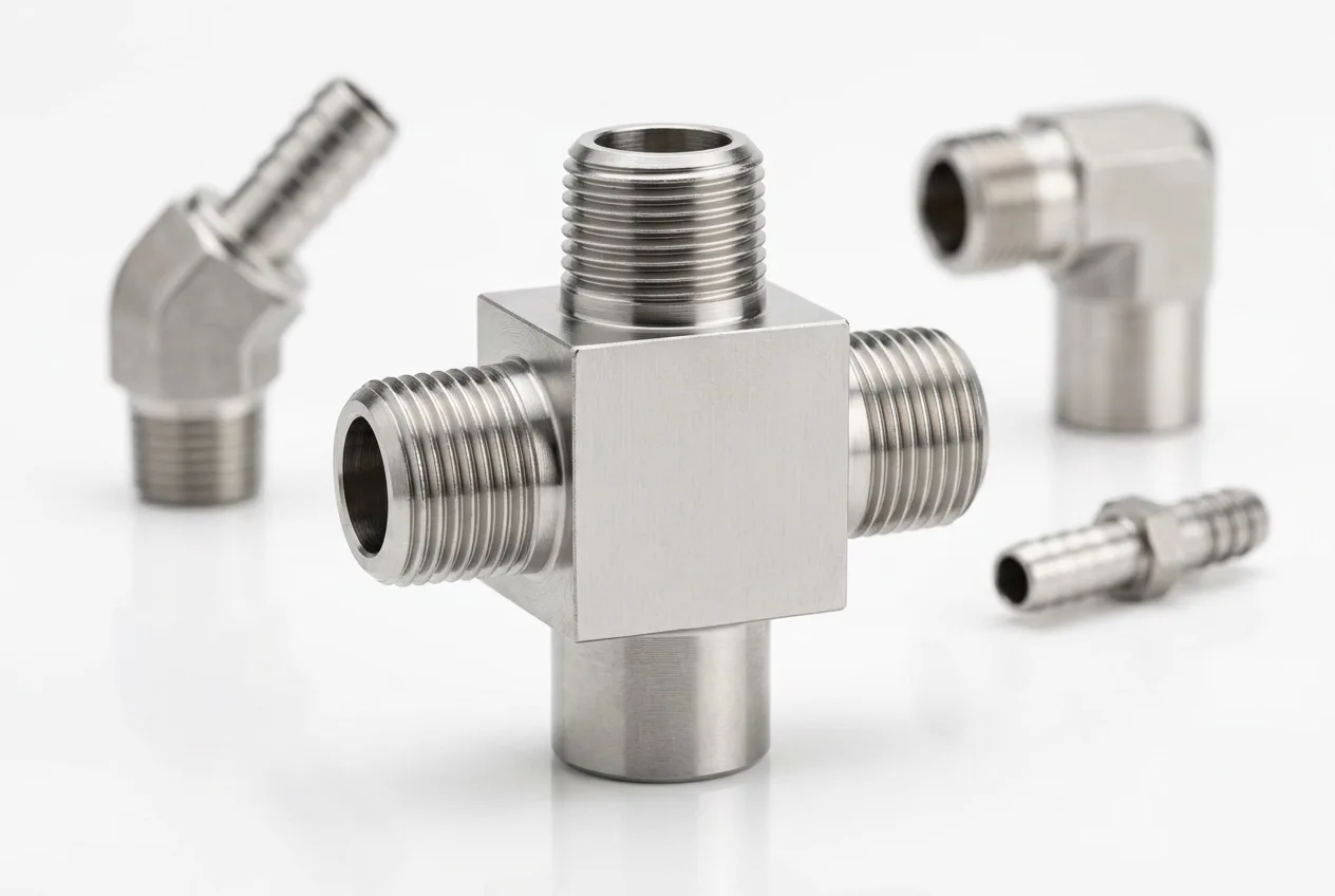 A machined stainless cross fitting with three male threads and a female port, with a 45 degree barb elbow, a 90 degree elbow and a hose barb behind it