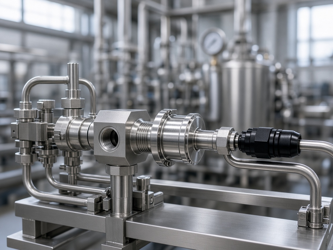 Stainless tri-clamp and threaded adapters on a pharmaceutical process skid