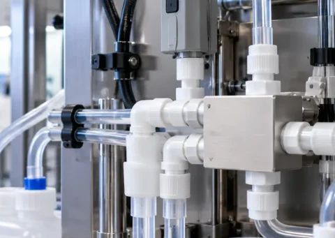 White plastic fittings and clear tubing on a stainless lab instrument