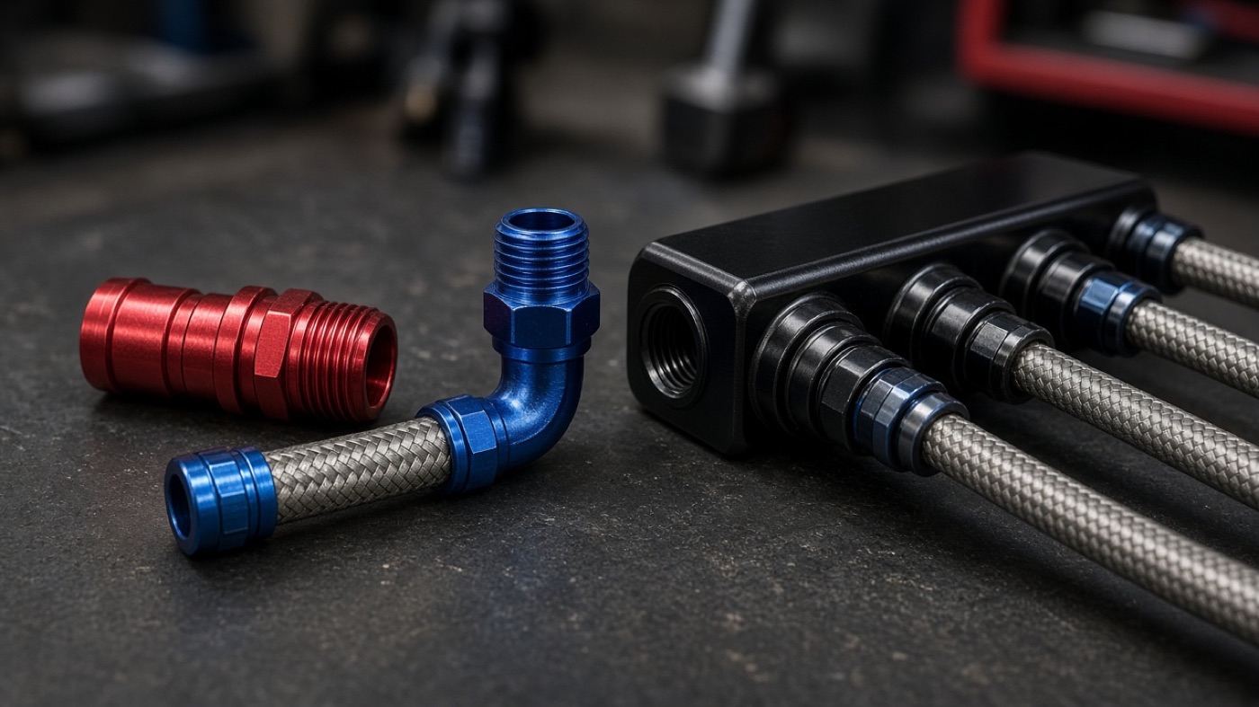 Red and blue anodized AN fittings and a black anodized fuel log with braided stainless hoses on a workbench