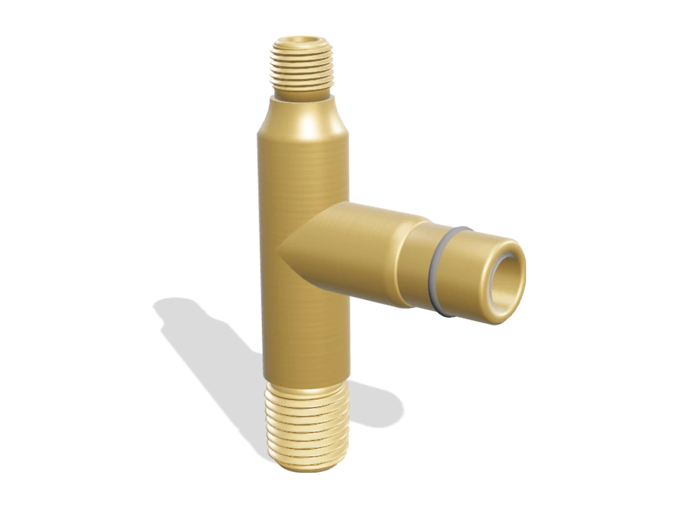 Rendering of a brass tee with male pipe threads and an O-ring injector branch
