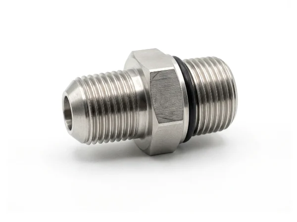 Stainless adapter with a male thread on one end and an O-ring boss port on the other