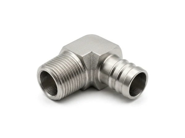 Stainless 90 degree elbow with a hose barb on one leg and a male pipe thread on the other