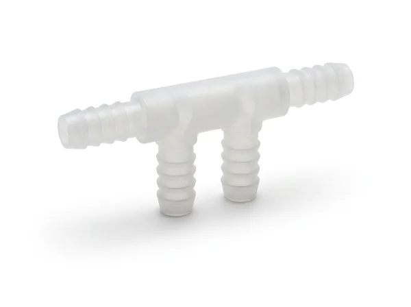 Translucent barbed manifold with two inline barbs and two branch barbs