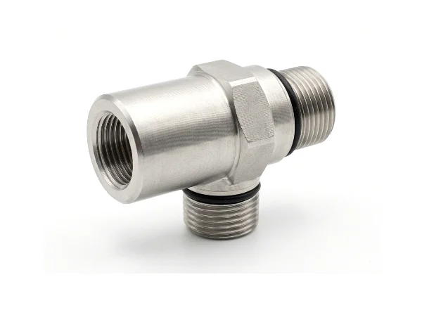Turned stainless tee with a female port and two O-ring boss male ports